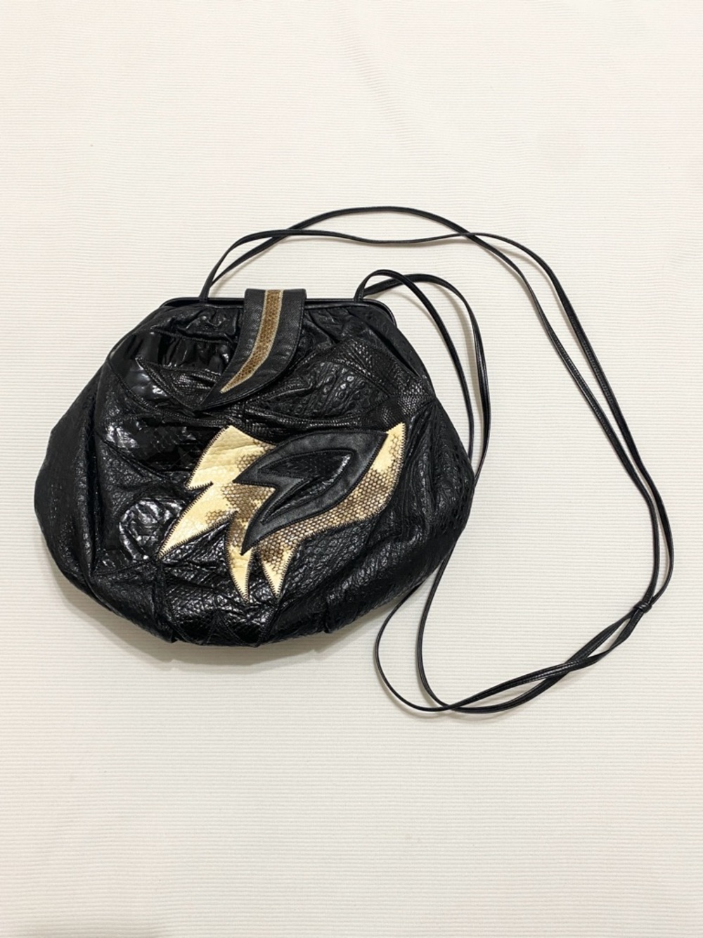 Vintage Sharif Leather Faux Snakeskin Patchwork Crossbody Bag Black Gold